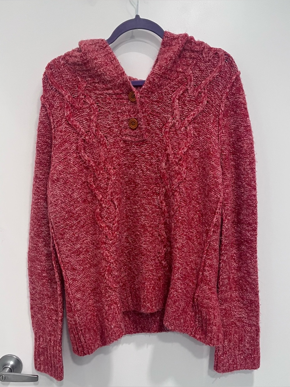 Columbia Red Knit Quarter Button Pullover‎ Cozy Cable Knit Hooded Sweater Large